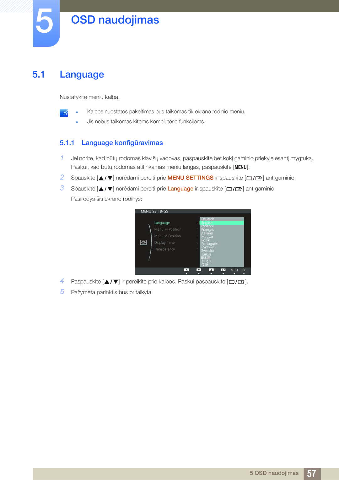 Samsung LS27C750PS/EN, LS24C750PS/EN manual OSD naudojimas, Language konfigūravimas 