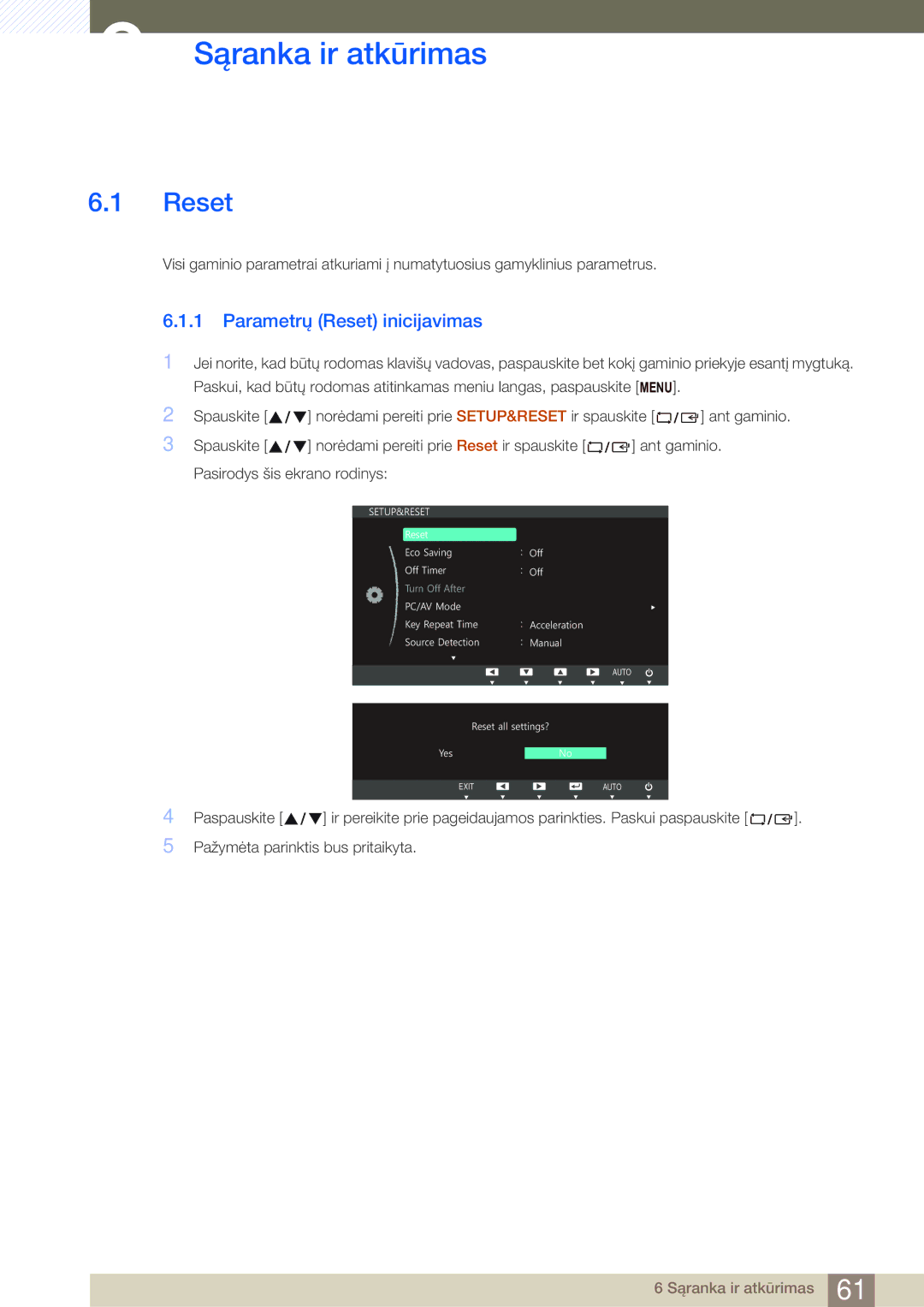 Samsung LS27C750PS/EN, LS24C750PS/EN manual Sąranka ir atkūrimas, Parametrų Reset inicijavimas 