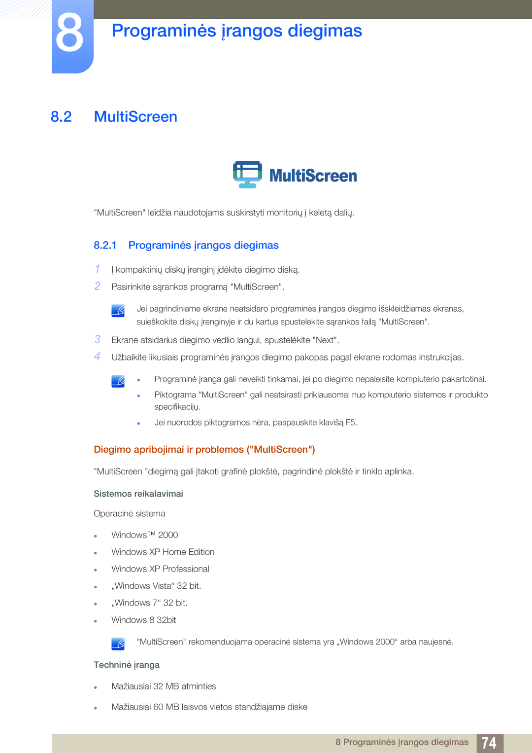 Samsung LS24C750PS/EN, LS27C750PS/EN manual Diegimo apribojimai ir problemos MultiScreen 