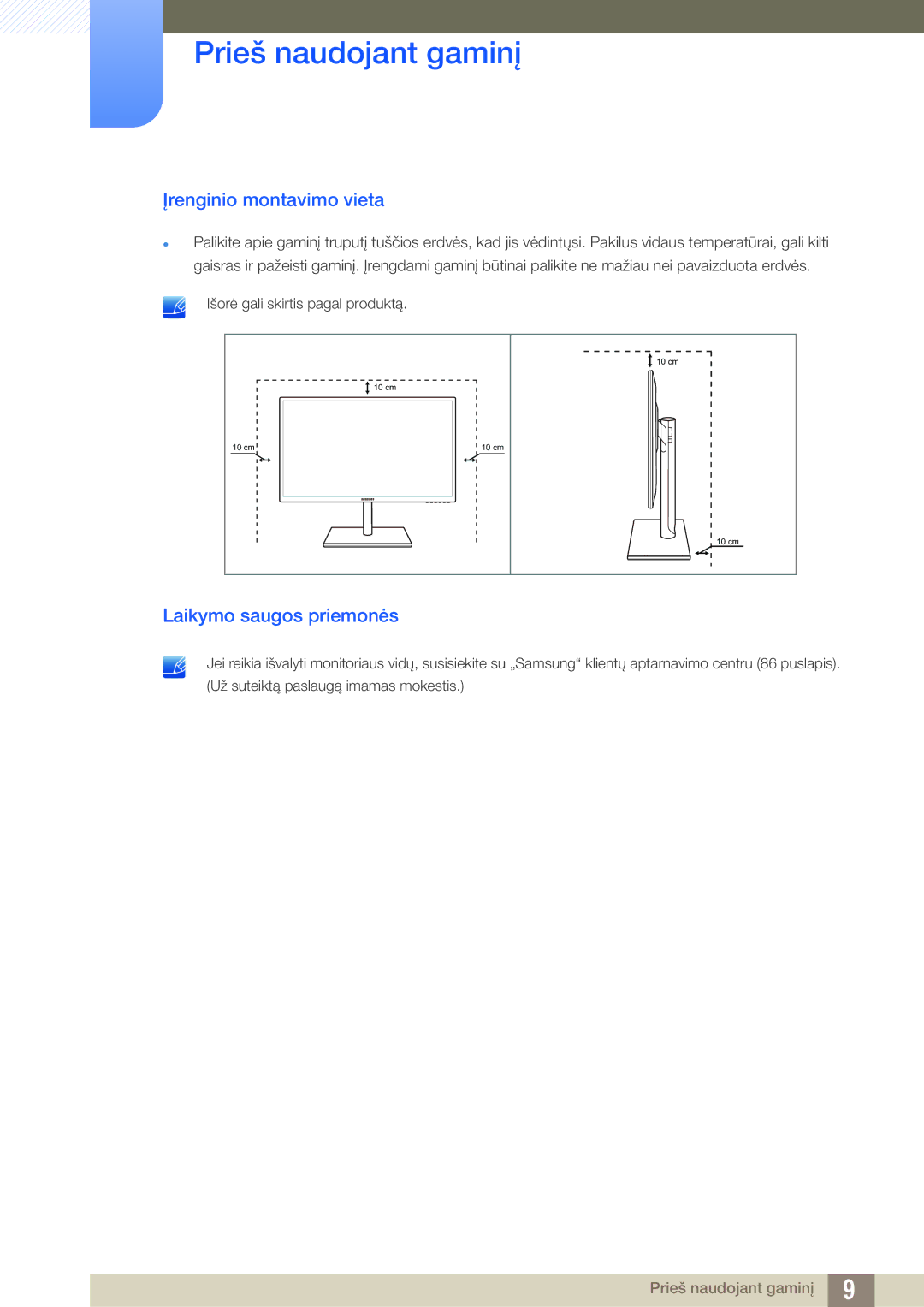 Samsung LS27C750PS/EN, LS24C750PS/EN manual Įrenginio montavimo vieta, Laikymo saugos priemonės 