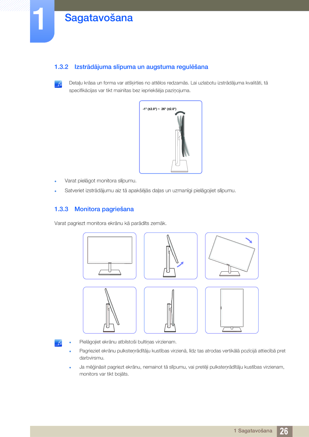 Samsung LS24C750PS/EN, LS27C750PS/EN manual Izstrādājuma slīpuma un augstuma regulēšana, Monitora pagriešana 