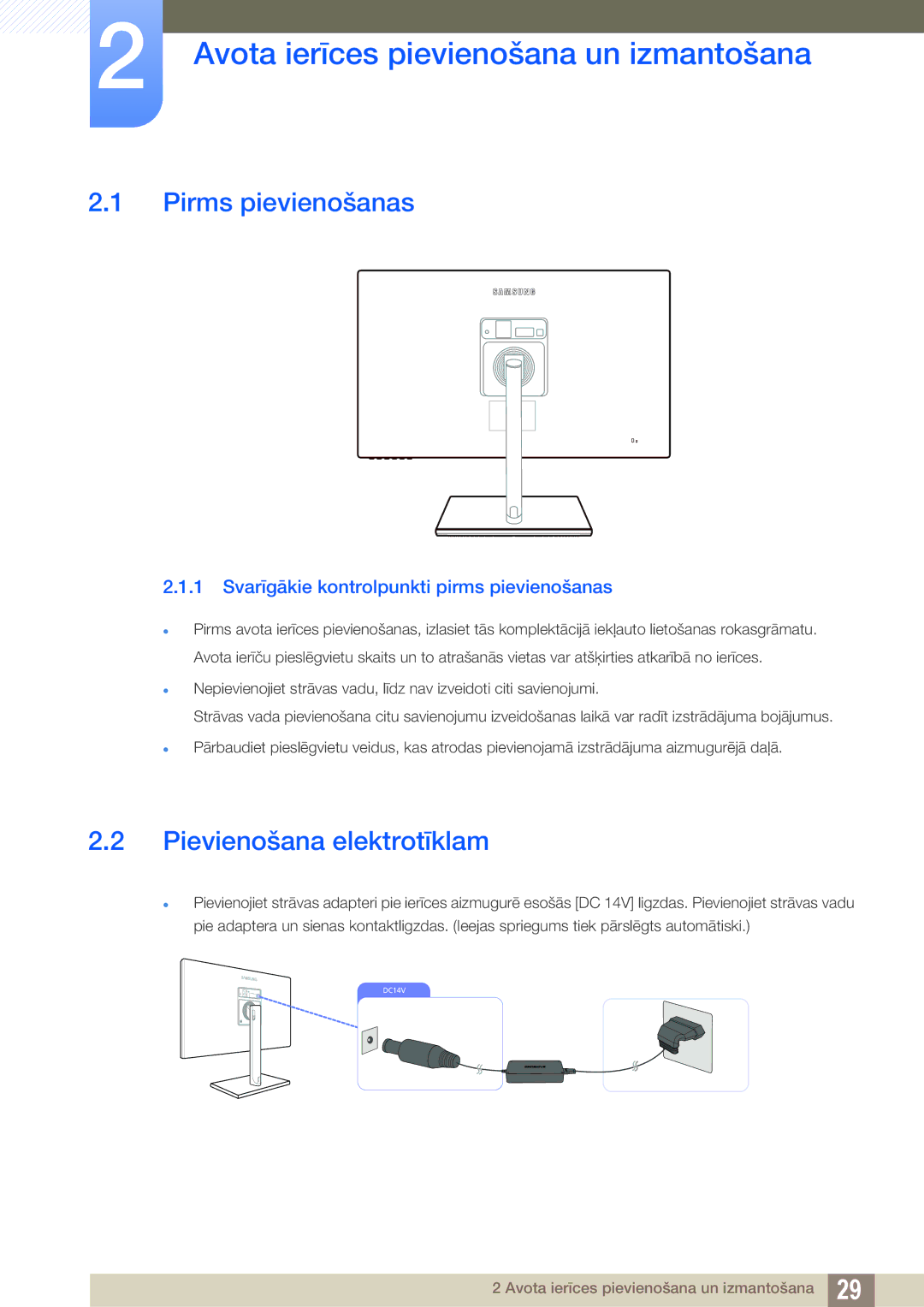 Samsung LS27C750PS/EN manual Avota ierīces pievienošana un izmantošana, Pirms pievienošanas, Pievienošana elektrotīklam 