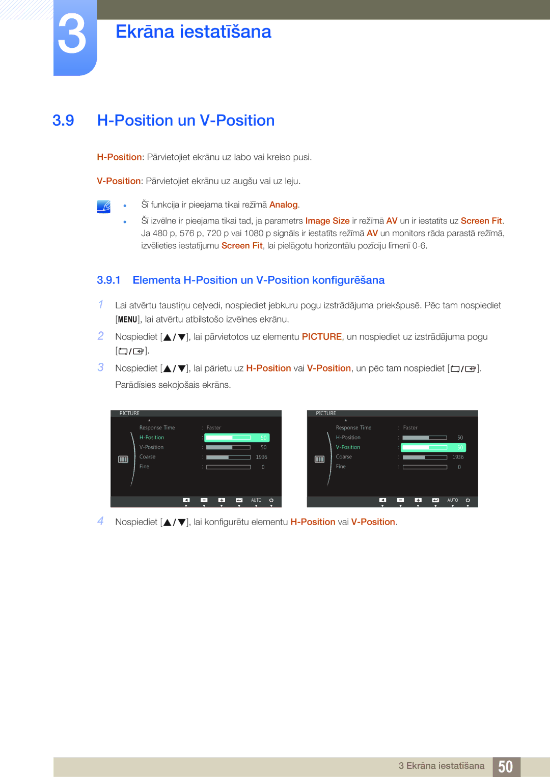 Samsung LS24C750PS/EN, LS27C750PS/EN manual Elementa H-Position un V-Position konfigurēšana 