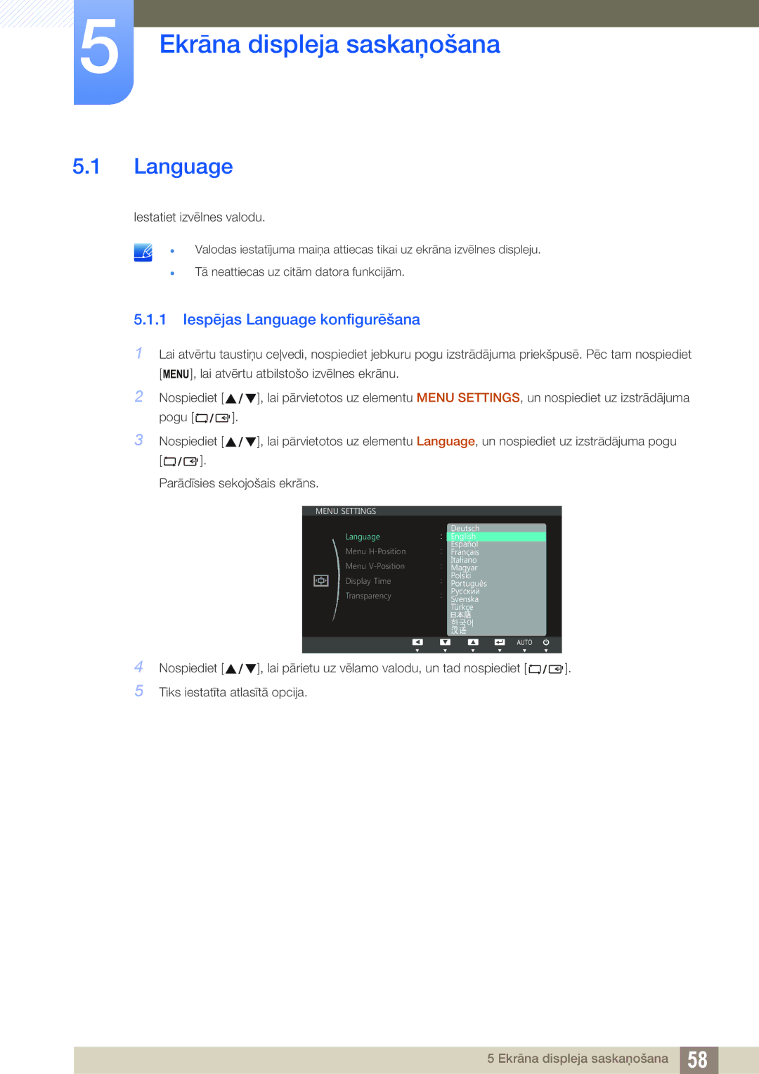 Samsung LS24C750PS/EN, LS27C750PS/EN manual Ekrāna displeja saskaņošana, Iespējas Language konfigurēšana 