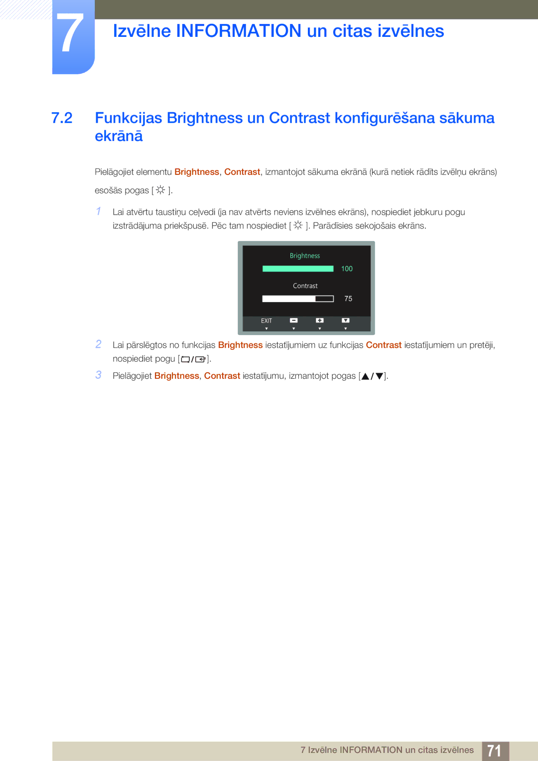 Samsung LS27C750PS/EN, LS24C750PS/EN manual Funkcijas Brightness un Contrast konfigurēšana sākuma ekrānā 