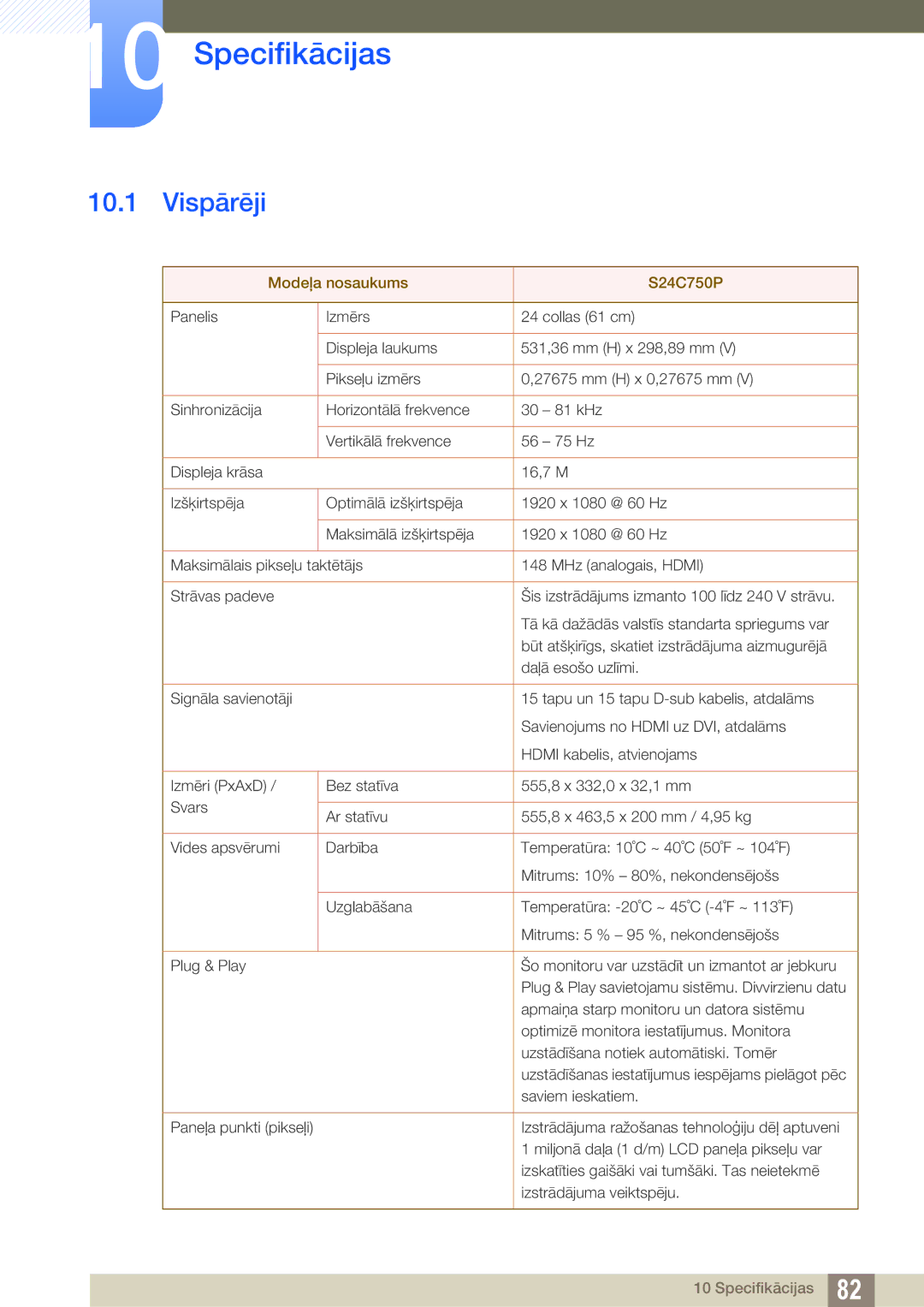 Samsung LS24C750PS/EN, LS27C750PS/EN manual Specifikācijas, Vispārēji 