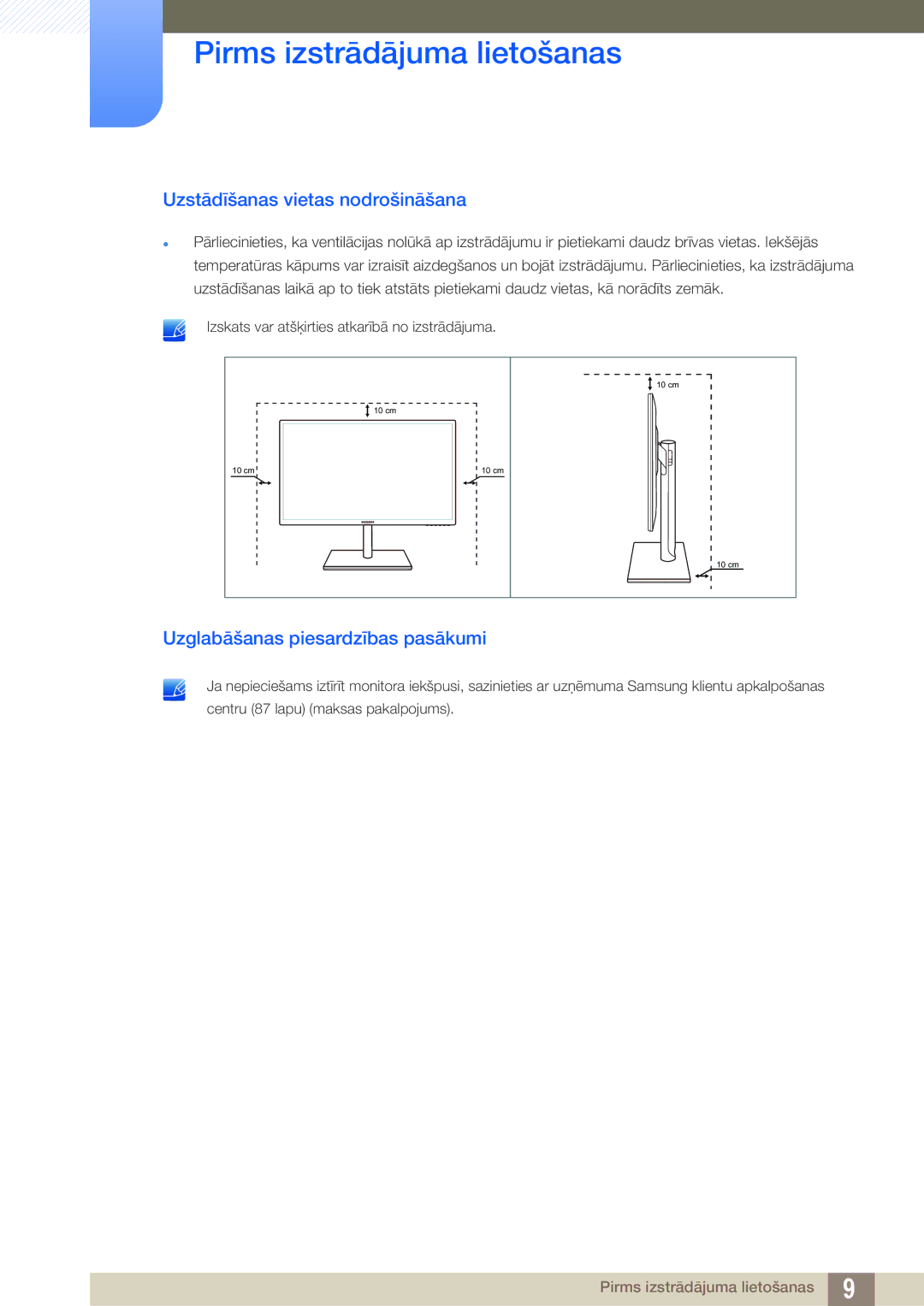 Samsung LS27C750PS/EN, LS24C750PS/EN manual Uzstādīšanas vietas nodrošināšana, Uzglabāšanas piesardzības pasākumi 