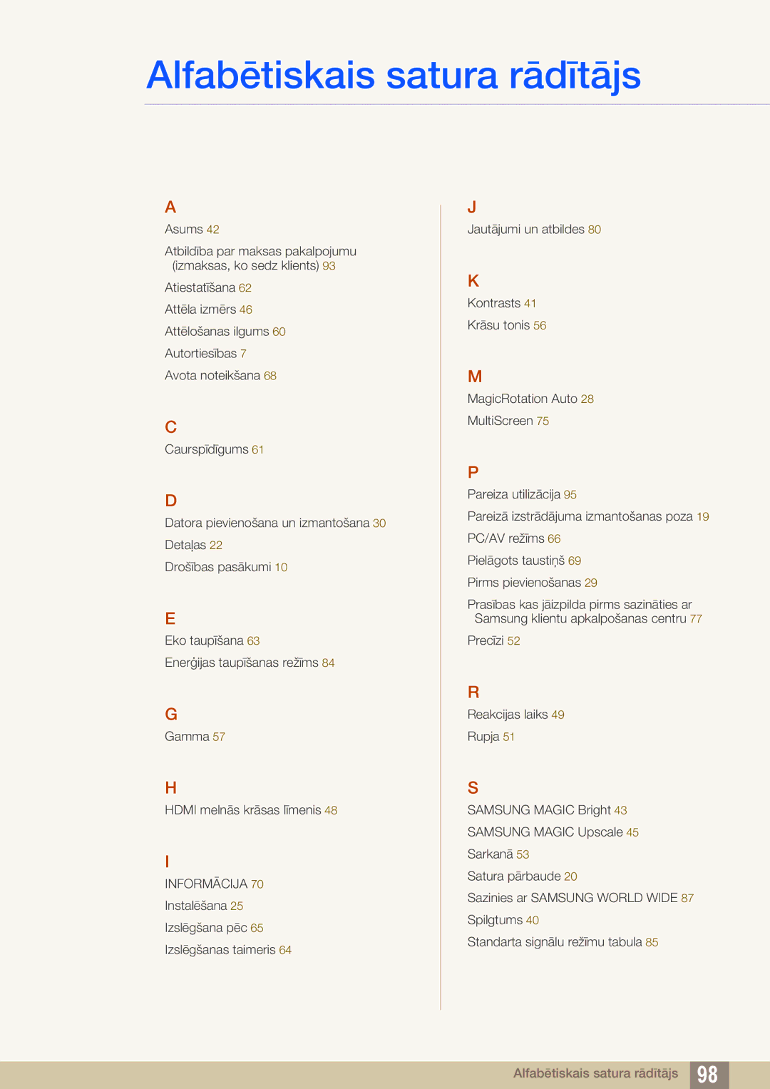 Samsung LS24C750PS/EN, LS27C750PS/EN manual Alfabētiskais satura rādītājs 