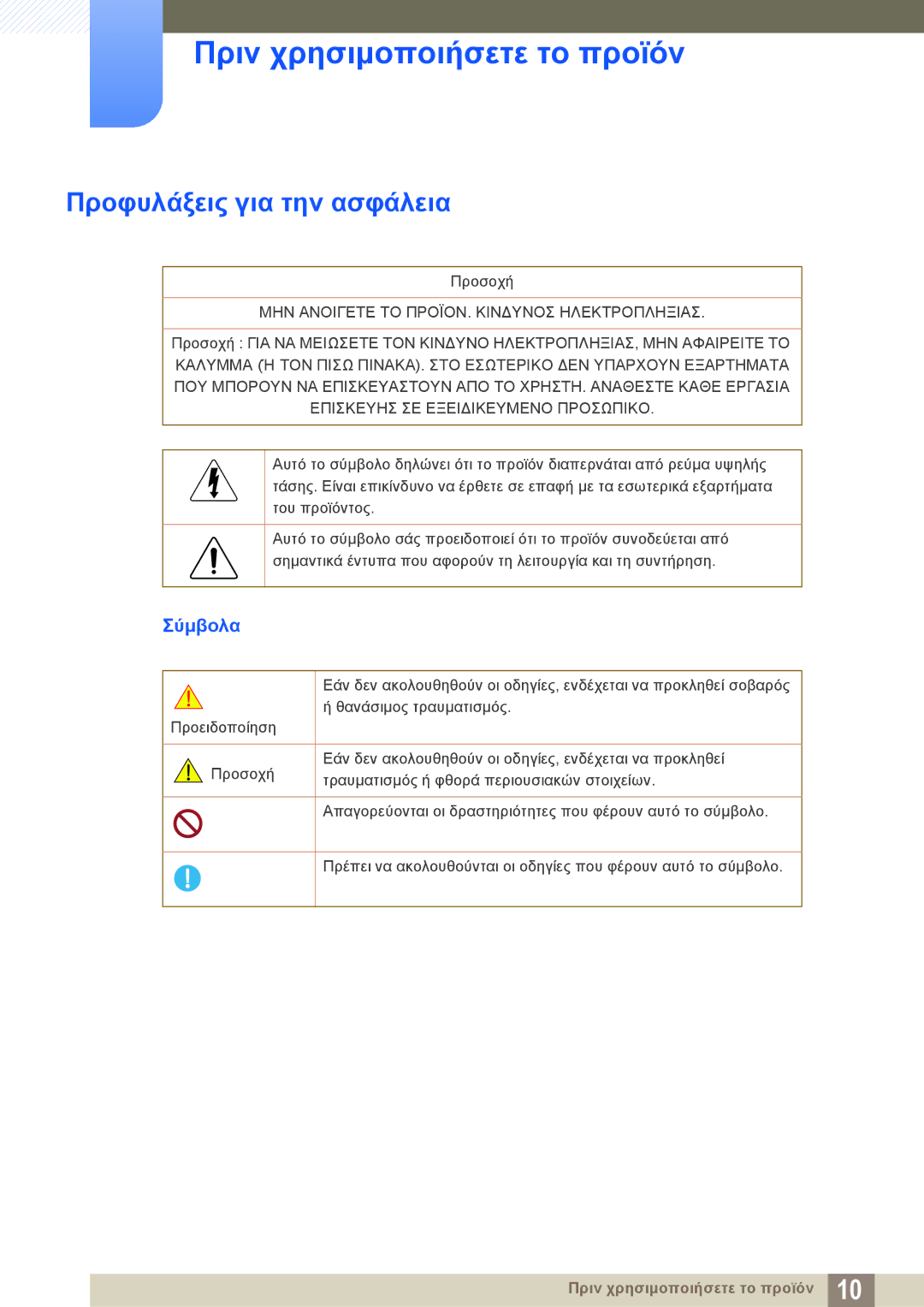 Samsung LS24C750PS/EN, LS27C750PS/EN manual Προφυλάξεις για την ασφάλεια, Σύμβολα 