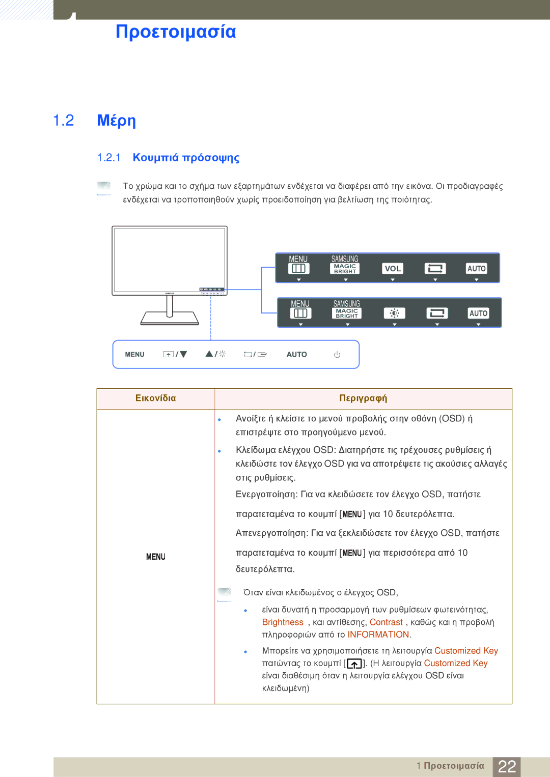 Samsung LS24C750PS/EN, LS27C750PS/EN manual Μέρη, 1 Κουμπιά πρόσοψης 