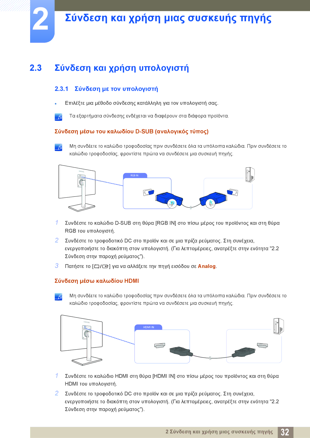 Samsung LS24C750PS/EN, LS27C750PS/EN manual Σύνδεση και χρήση υπολογιστή, 1 Σύνδεση με τον υπολογιστή 