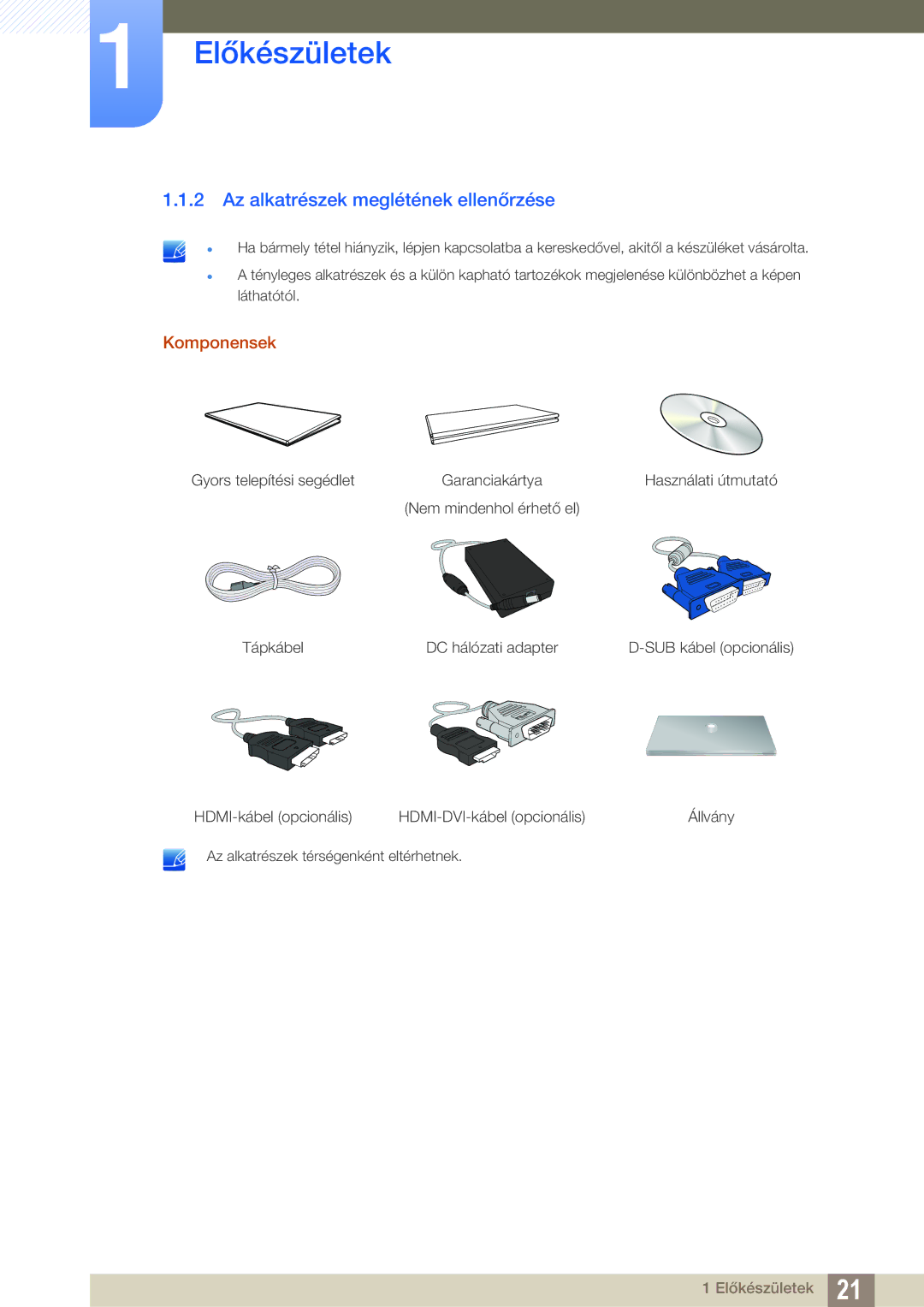 Samsung LS27C750PS/EN, LS24C750PS/EN manual Az alkatrészek meglétének ellenőrzése, Komponensek 