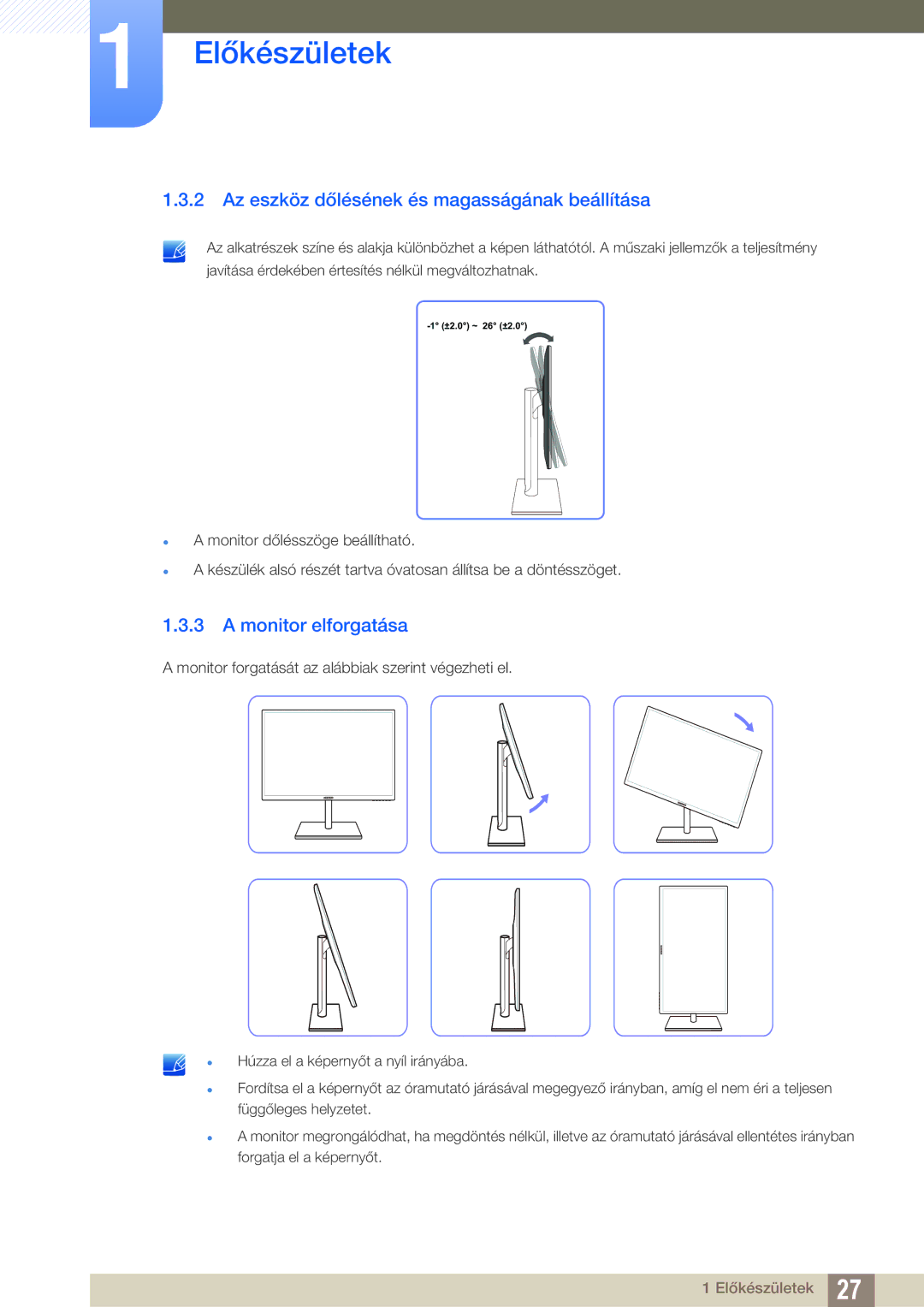 Samsung LS27C750PS/EN, LS24C750PS/EN manual Az eszköz dőlésének és magasságának beállítása, Monitor elforgatása 