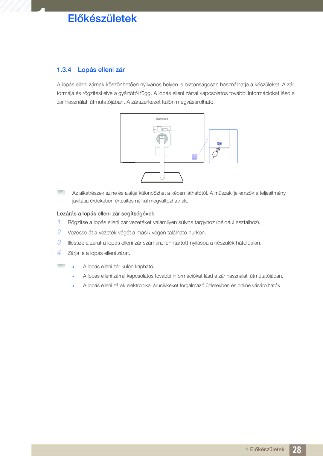 Samsung LS24C750PS/EN, LS27C750PS/EN manual 4 Lopás elleni zár 