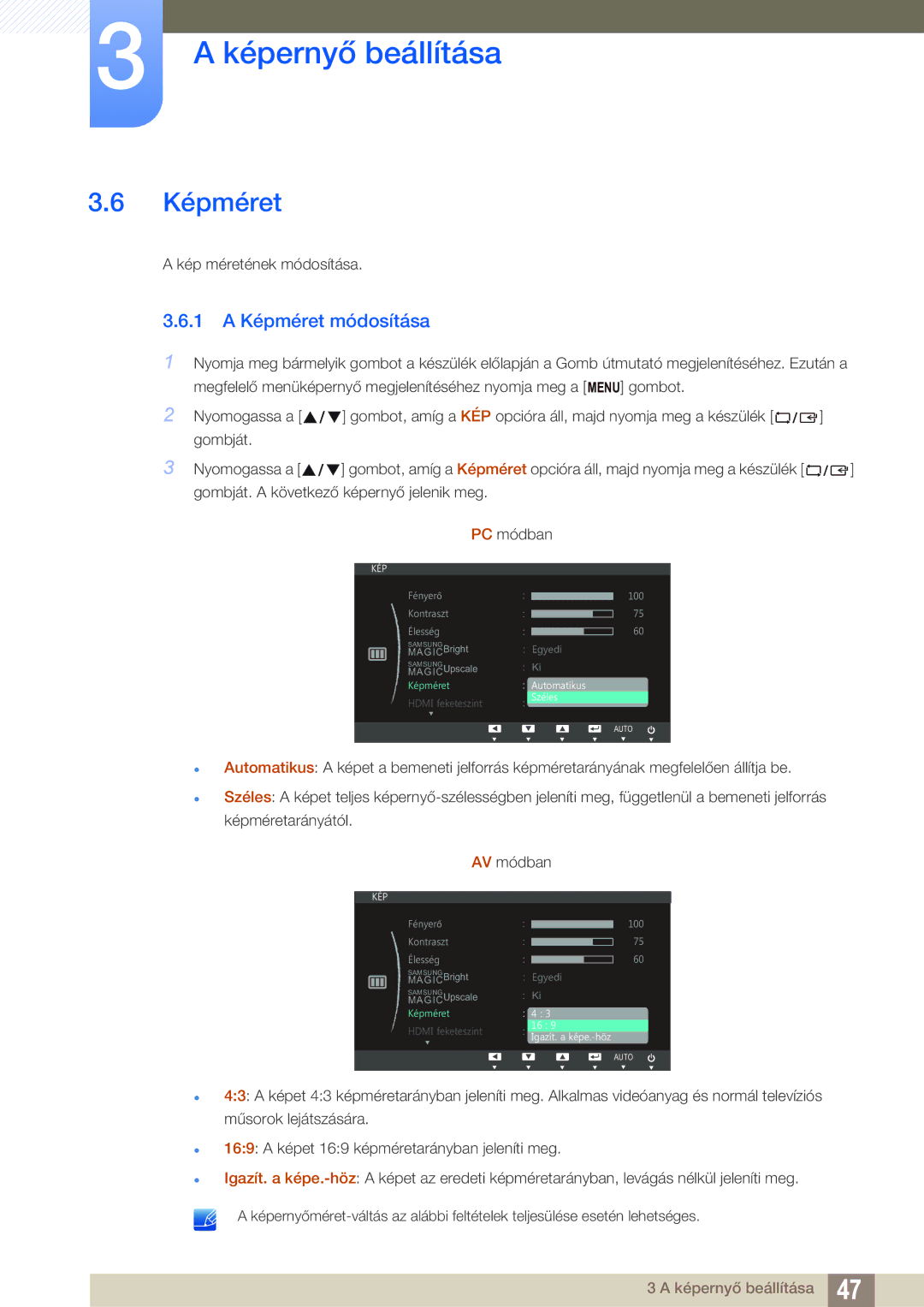 Samsung LS27C750PS/EN, LS24C750PS/EN manual 1 a Képméret módosítása 