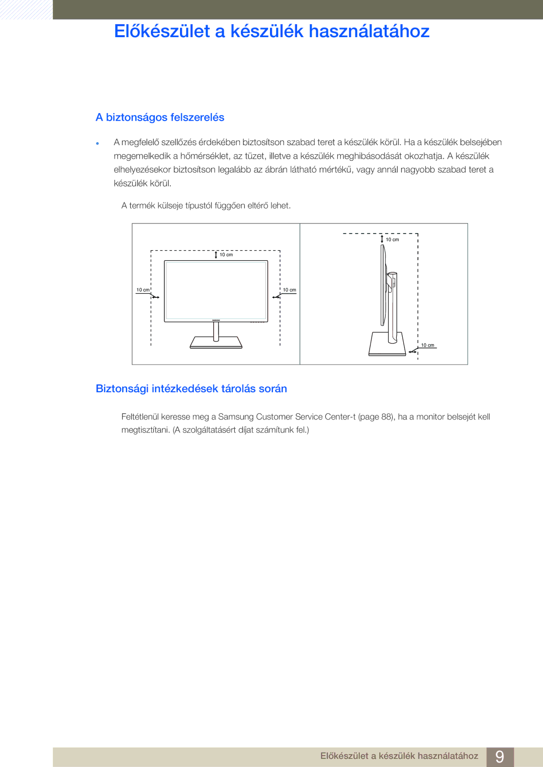 Samsung LS27C750PS/EN, LS24C750PS/EN manual Biztonságos felszerelés, Biztonsági intézkedések tárolás során 