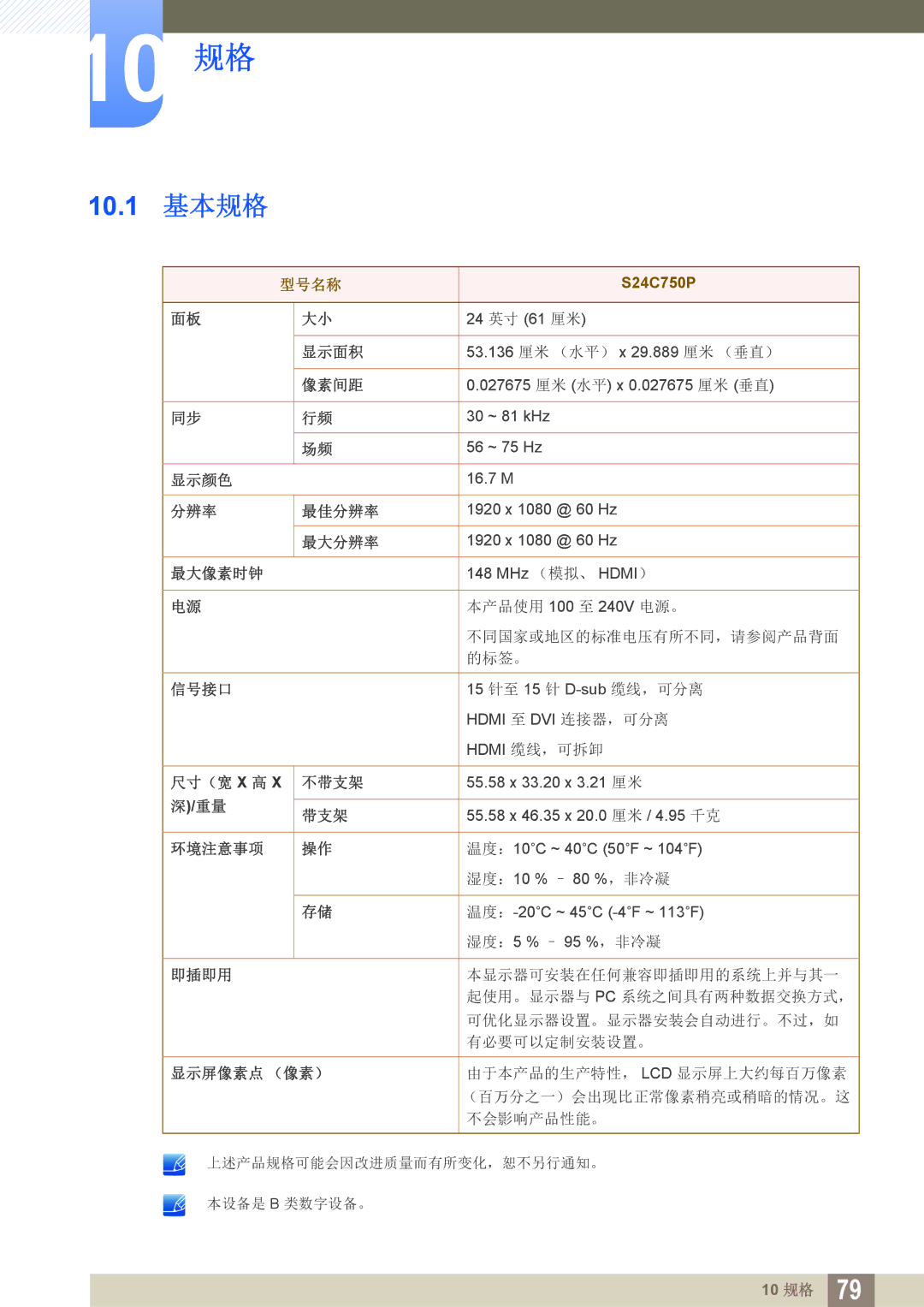 Samsung LS27C750PS/EN, LS24C750PS/EN manual 10 规格 