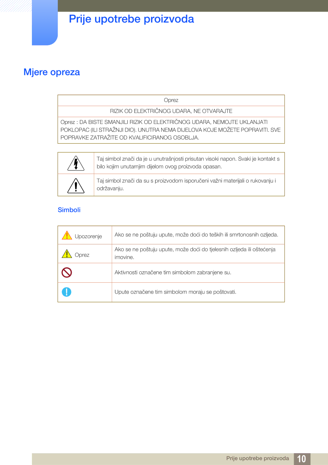 Samsung LS24C750PS/EN, LS27C750PS/EN manual Mjere opreza, Simboli 