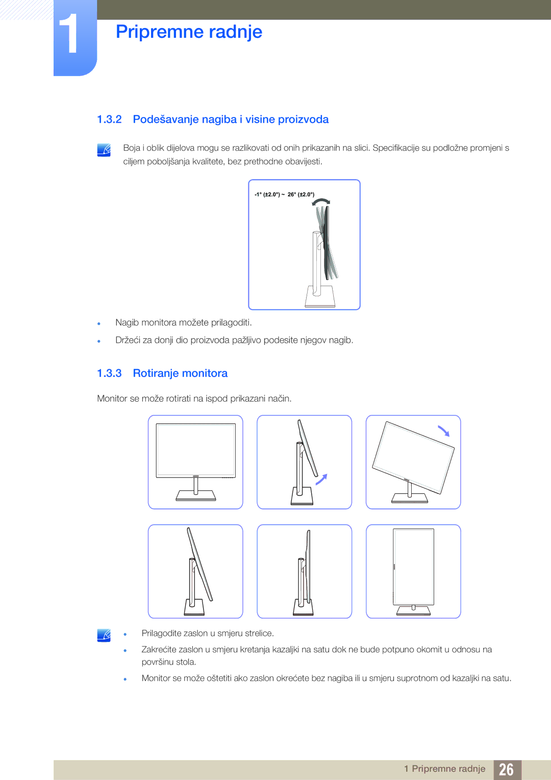 Samsung LS24C750PS/EN, LS27C750PS/EN manual Podešavanje nagiba i visine proizvoda, Rotiranje monitora 