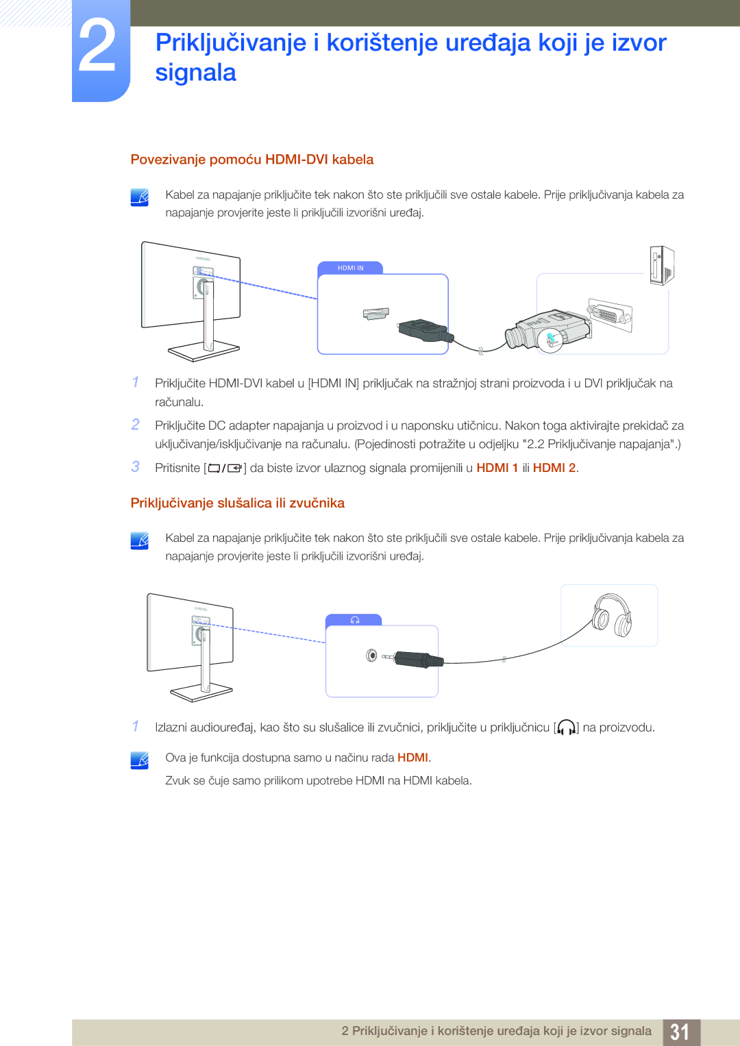 Samsung LS27C750PS/EN, LS24C750PS/EN manual Povezivanje pomoću HDMI-DVI kabela, Priključivanje slušalica ili zvučnika 