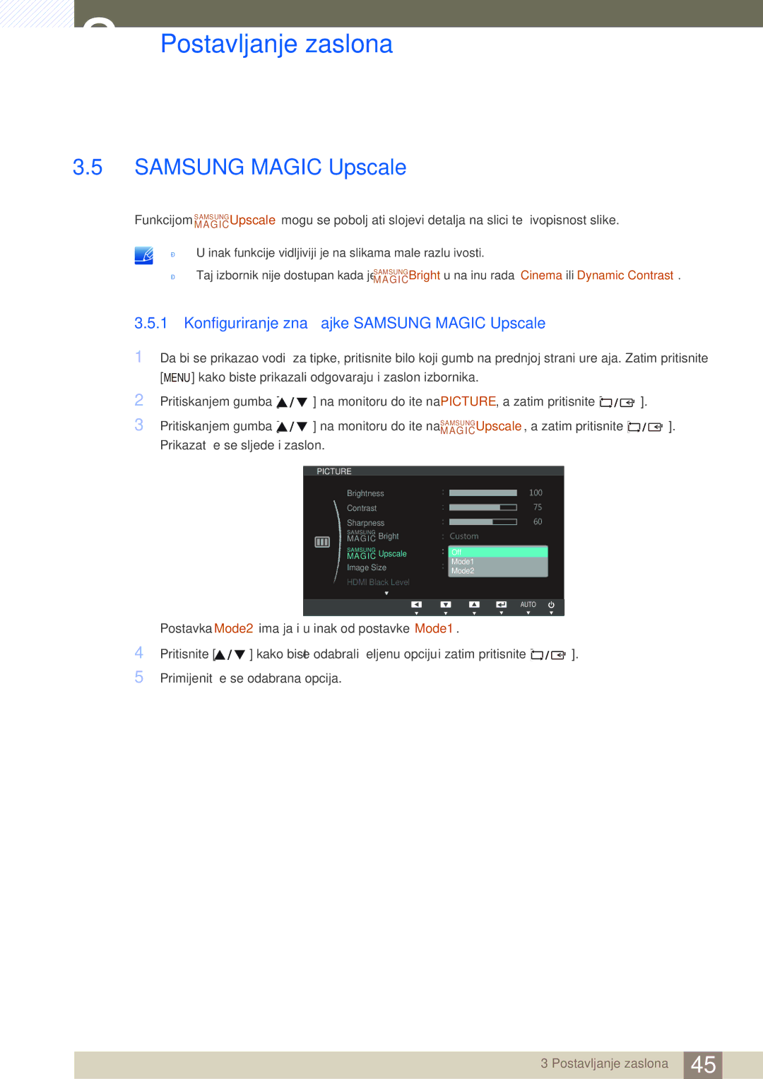 Samsung LS27C750PS/EN, LS24C750PS/EN manual Konfiguriranje značajke Samsung Magic Upscale 