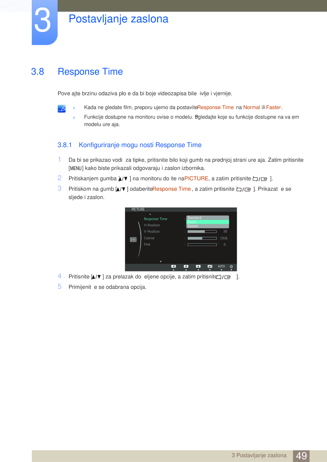 Samsung LS27C750PS/EN, LS24C750PS/EN manual Konfiguriranje mogućnosti Response Time 