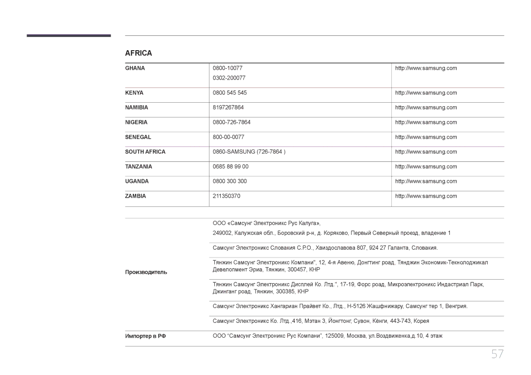 Samsung LS24C770TS/EN, LS24C770TS/CI, LS24C770TS/KZ manual Производитель, Импортер в РФ 