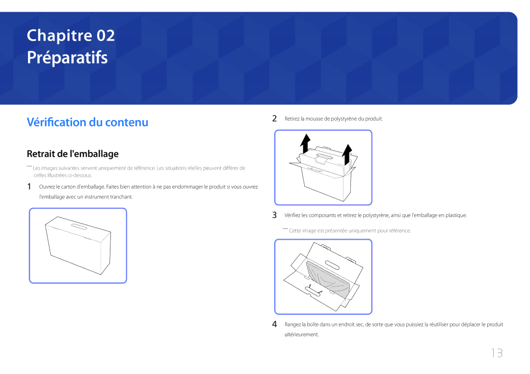 Samsung LS24C770TS/EN manual Préparatifs, Vérification du contenu, Retrait de lemballage 