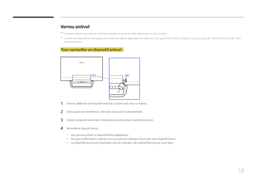 Samsung LS24C770TS/EN manual Verrou antivol, Pour verrouiller un dispositif antivol 