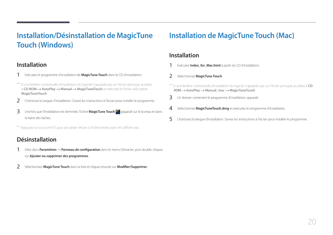 Samsung LS24C770TS/EN manual Installation/Désinstallation de MagicTune Touch Windows, Installation de MagicTune Touch Mac 