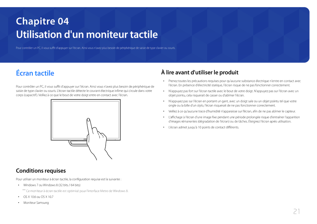 Samsung LS24C770TS/EN manual Utilisation dun moniteur tactile, Écran tactile, Lire avant dutiliser le produit 