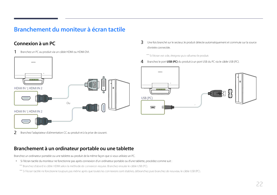 Samsung LS24C770TS/EN manual Connexion à un PC, Branchement à un ordinateur portable ou une tablette 