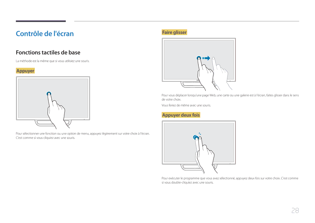 Samsung LS24C770TS/EN manual Contrôle de lécran, Fonctions tactiles de base 