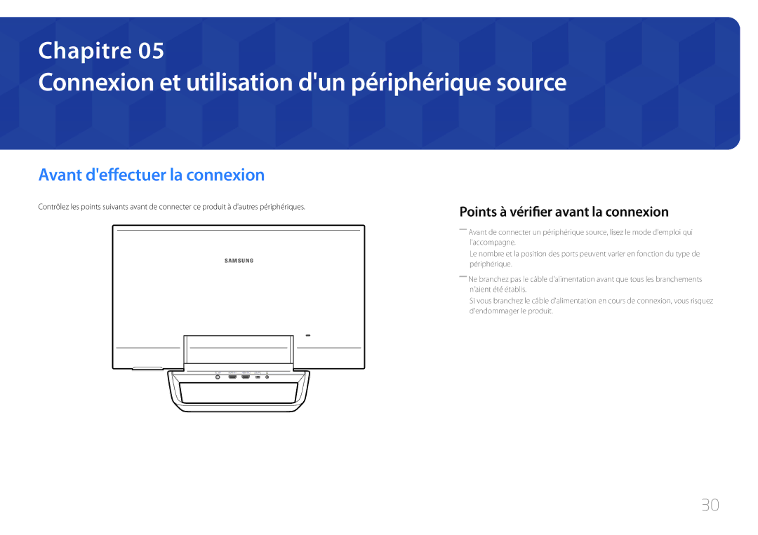 Samsung LS24C770TS/EN manual Connexion et utilisation dun périphérique source, Avant deffectuer la connexion 