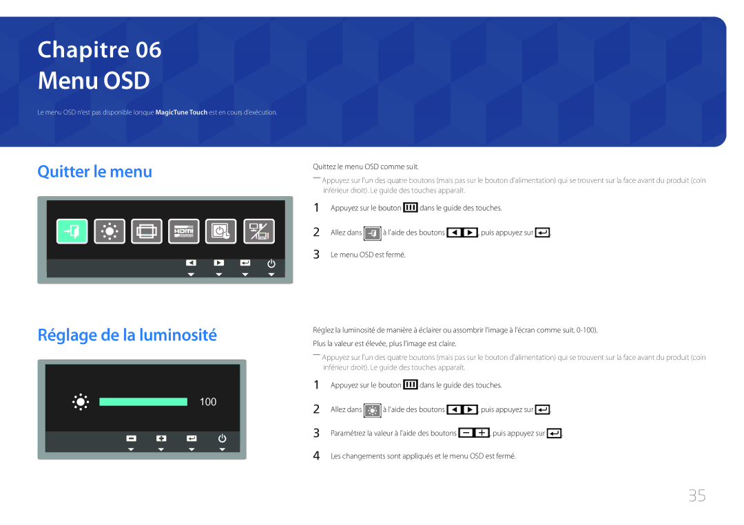 Samsung LS24C770TS/EN manual Menu OSD, Quitter le menu, Réglage de la luminosité 