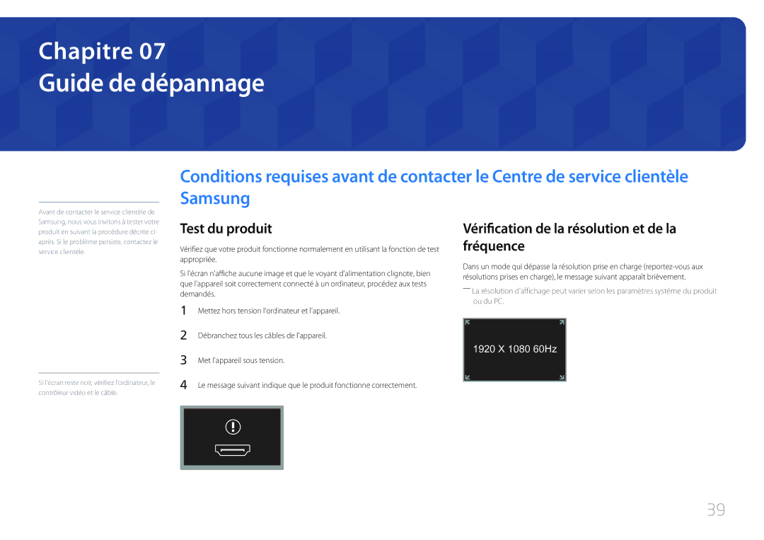Samsung LS24C770TS/EN manual Guide de dépannage, Test du produit, Vérification de la résolution et de la fréquence 