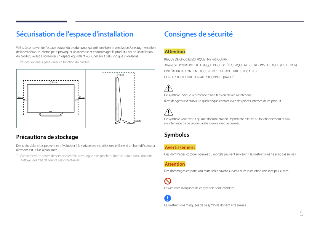 Samsung LS24C770TS/EN manual Sécurisation de lespace dinstallation, Précautions de stockage, Symboles 