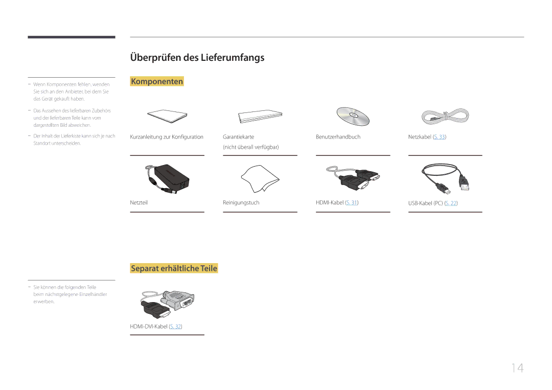 Samsung LS24C770TS/EN manual Überprüfen des Lieferumfangs, HDMI-DVI-Kabel S 