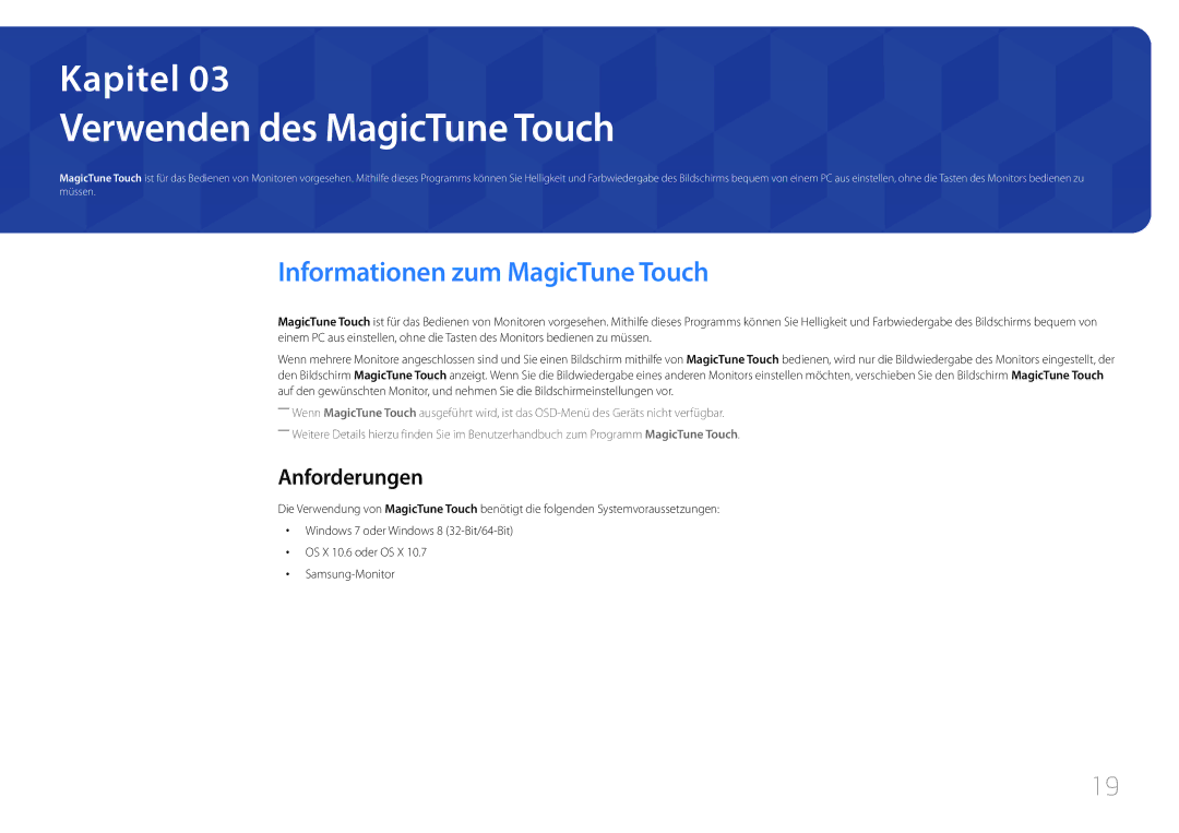 Samsung LS24C770TS/EN manual Verwenden des MagicTune Touch, Informationen zum MagicTune Touch, Anforderungen 