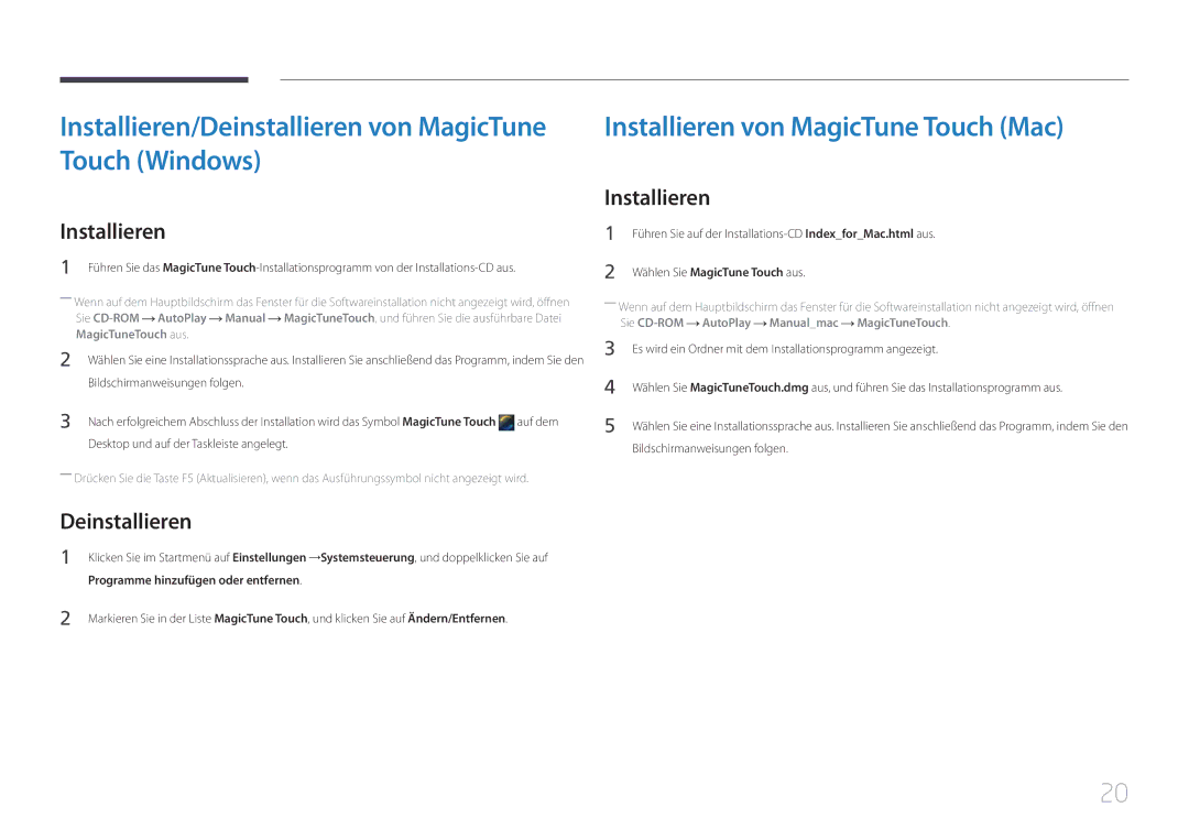 Samsung LS24C770TS/EN manual Installieren/Deinstallieren von MagicTune Touch Windows, Installieren von MagicTune Touch Mac 