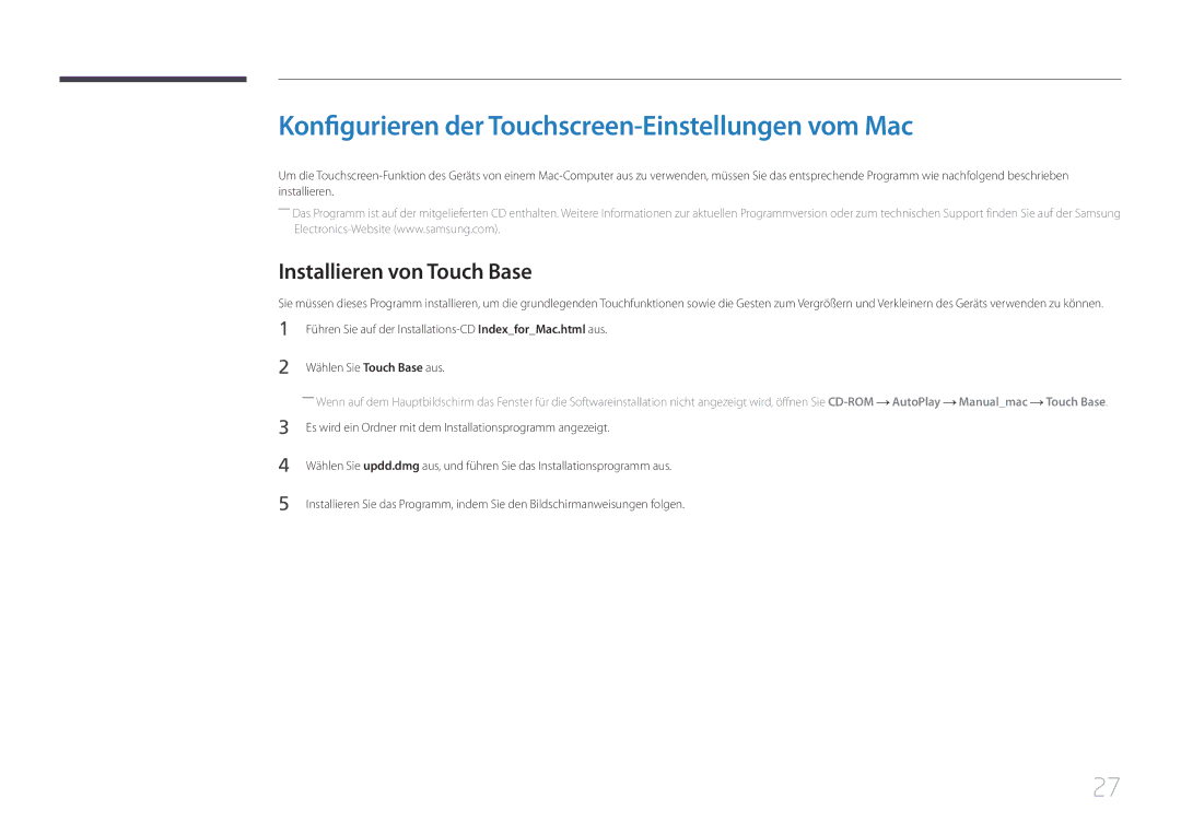 Samsung LS24C770TS/EN manual Konfigurieren der Touchscreen-Einstellungen vom Mac, Installieren von Touch Base 