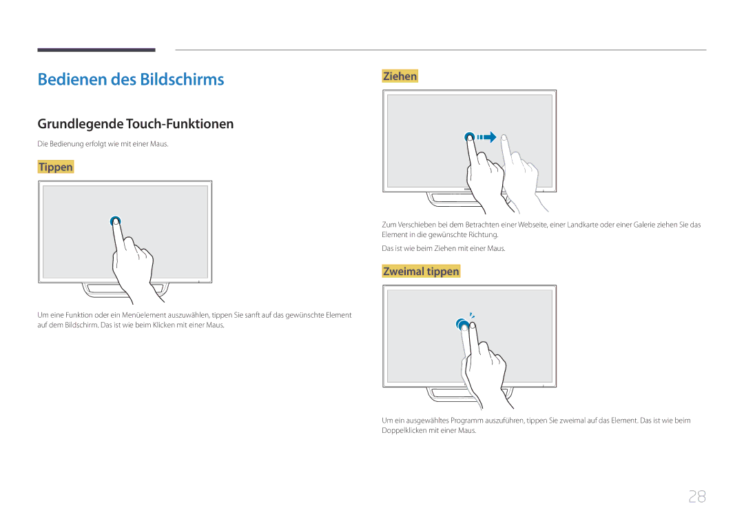 Samsung LS24C770TS/EN Bedienen des Bildschirms, Grundlegende Touch-Funktionen, Die Bedienung erfolgt wie mit einer Maus 