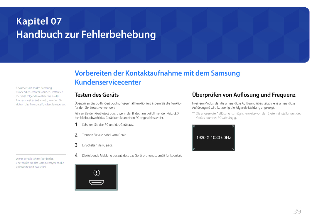 Samsung LS24C770TS/EN manual Handbuch zur Fehlerbehebung, Testen des Geräts, Überprüfen von Auflösung und Frequenz 