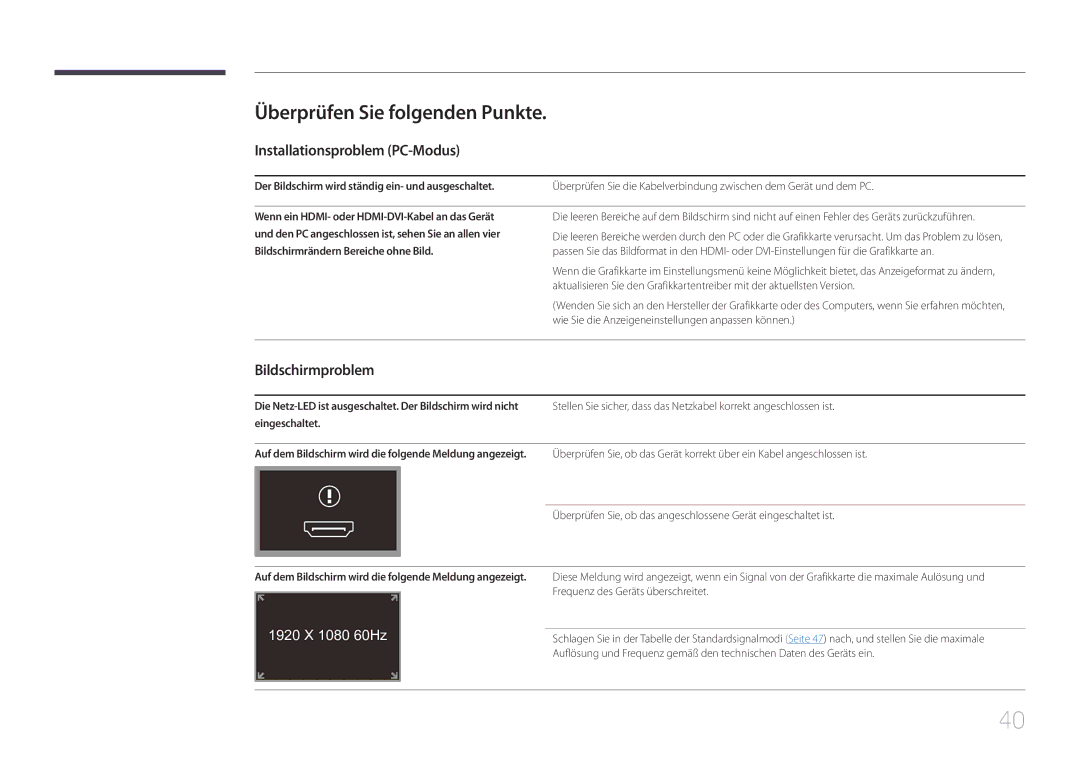 Samsung LS24C770TS/EN manual Überprüfen Sie folgenden Punkte, Installationsproblem PC-Modus, Bildschirmproblem 