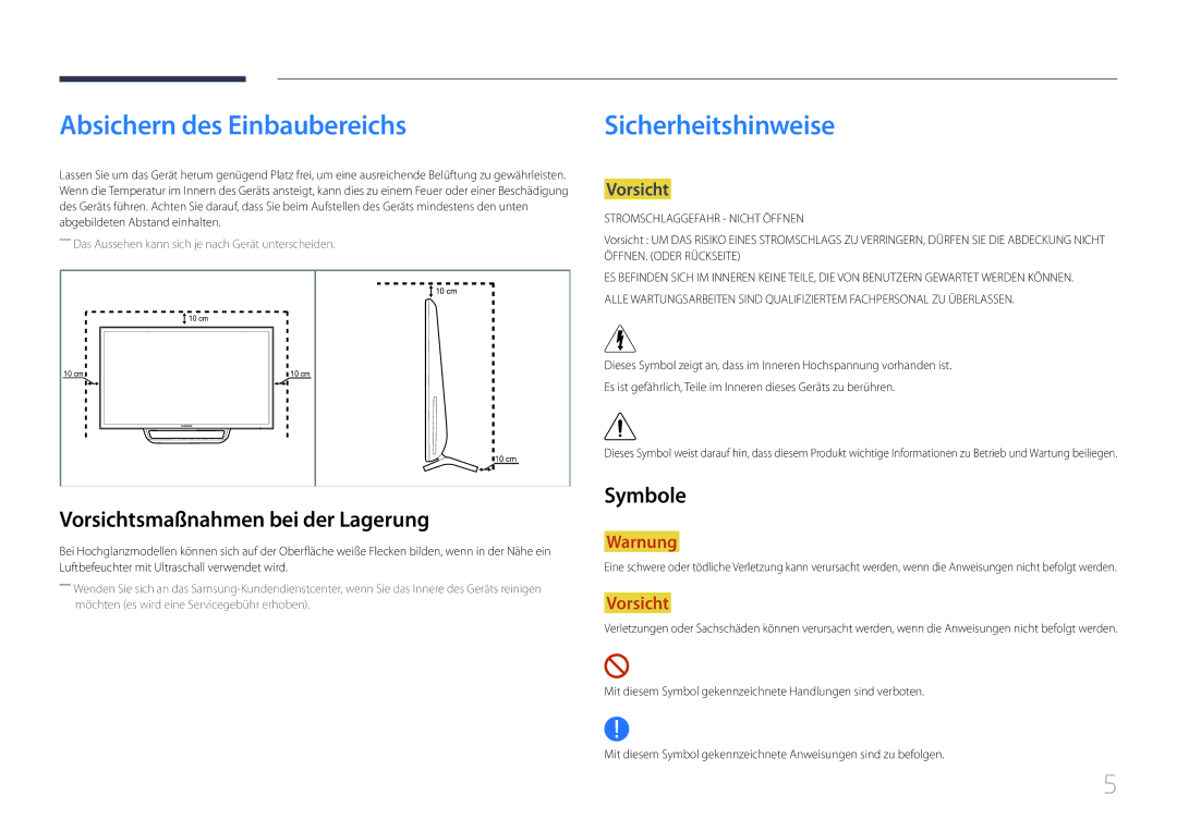 Samsung LS24C770TS/EN Absichern des Einbaubereichs, Sicherheitshinweise, Vorsichtsmaßnahmen bei der Lagerung, Symbole 