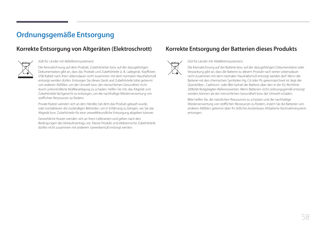 Samsung LS24C770TS/EN manual Ordnungsgemäße Entsorgung, Korrekte Entsorgung der Batterien dieses Produkts 