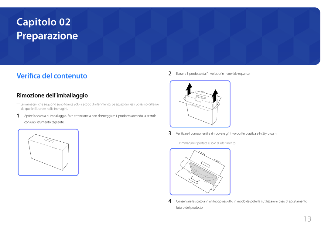 Samsung LS24C770TS/EN manual Preparazione, Verifica del contenuto, Rimozione dellimballaggio 