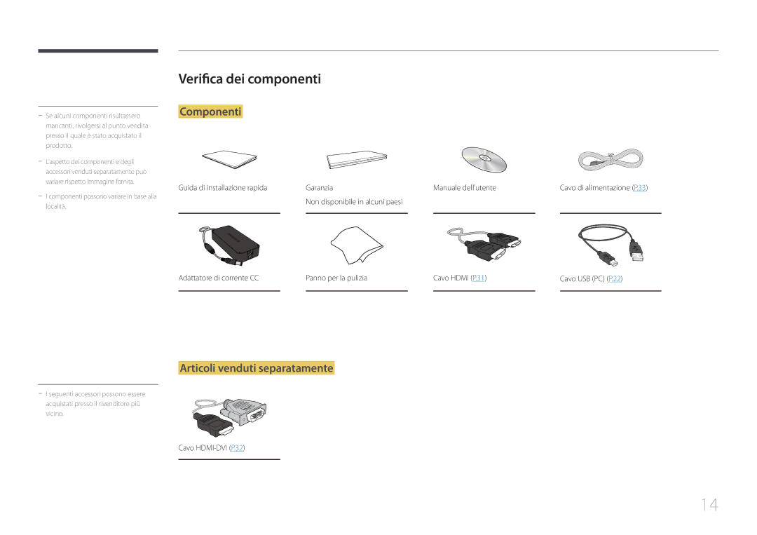 Samsung LS24C770TS/EN manual Verifica dei componenti, Componenti, Articoli venduti separatamente 