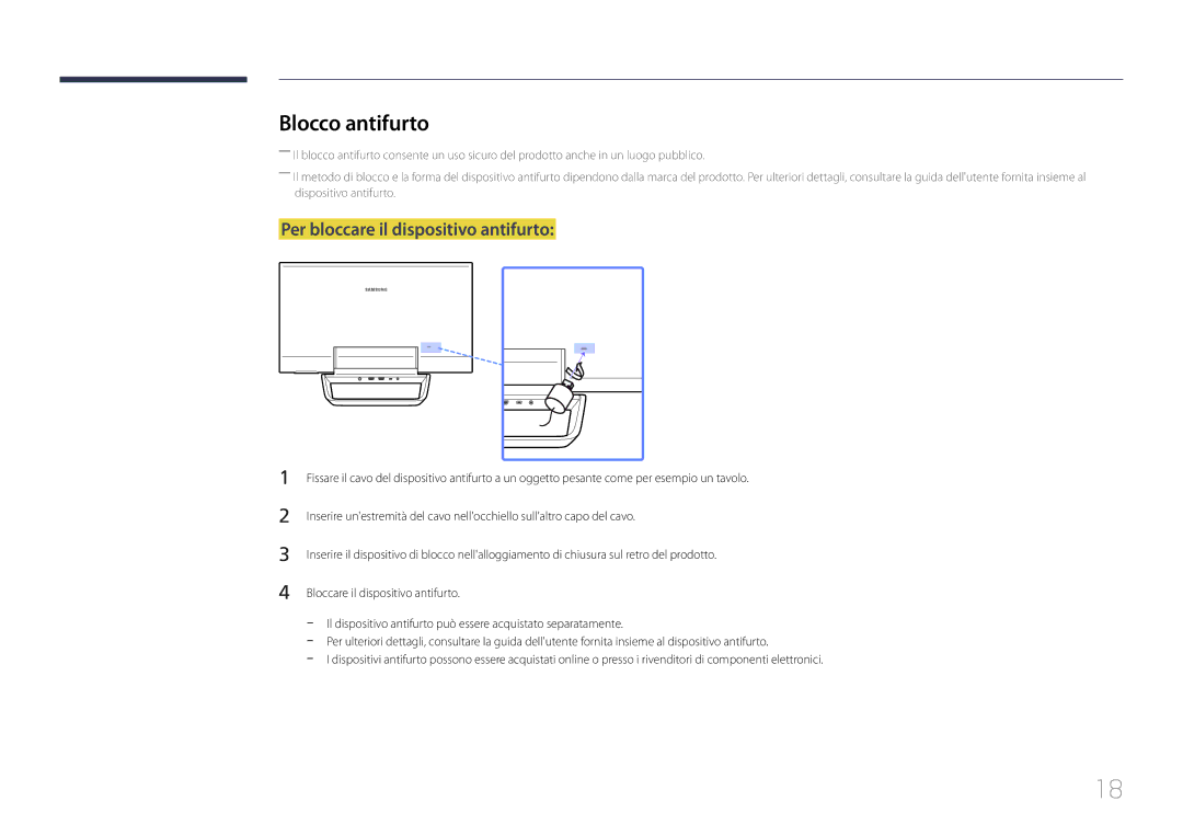 Samsung LS24C770TS/EN manual Blocco antifurto, Per bloccare il dispositivo antifurto 