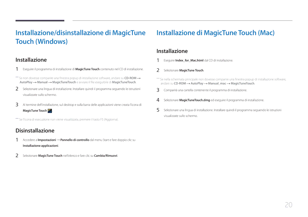Samsung LS24C770TS/EN Installazione/disinstallazione di MagicTune Touch Windows, Installazione di MagicTune Touch Mac 